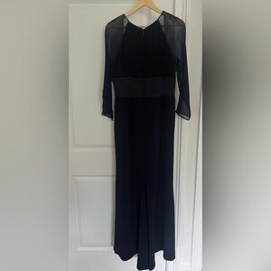 Escada vintage silk maxi gown dress women’s Sz. XL (46) navy mesh sleeves